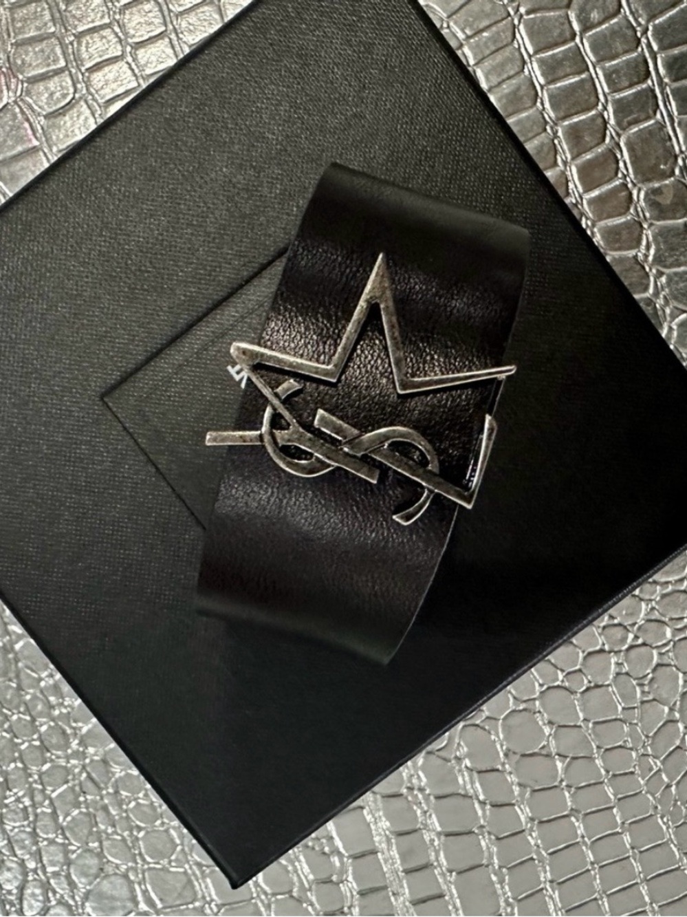Yves Saint Laurent Black Leather Cuff with Silver Star & Logo